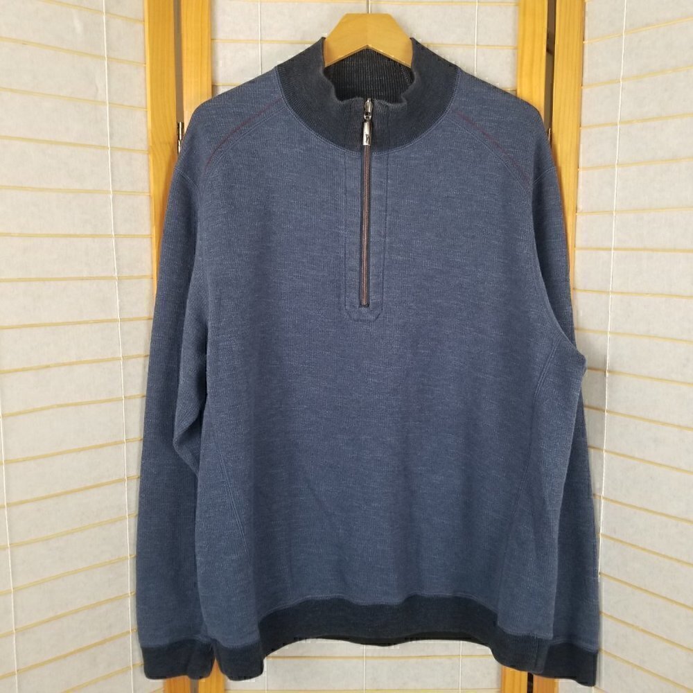 Tommy Bahama 1/4 Zip Men's XL Sweater Blue Mock Neck Reversible Knit Pullover